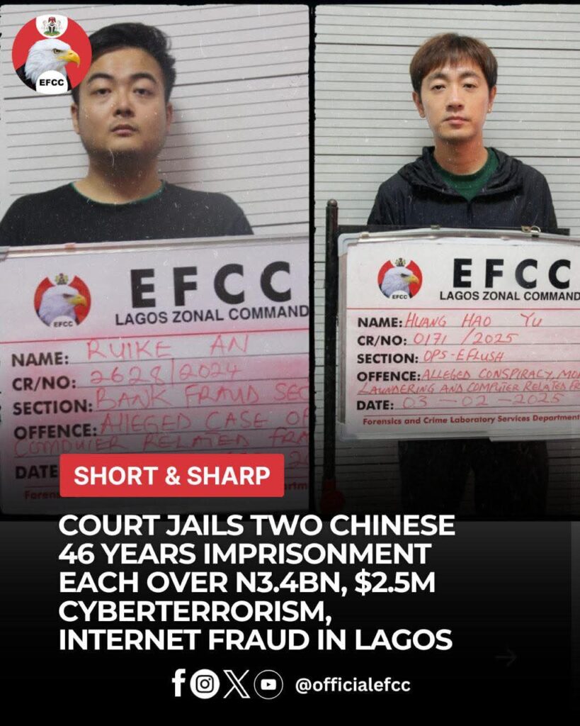 Court Jails Two Chinese 46 Years Each for N3.4bn, $2.5m Cyberterrorism, Internet Fraud in Lagos